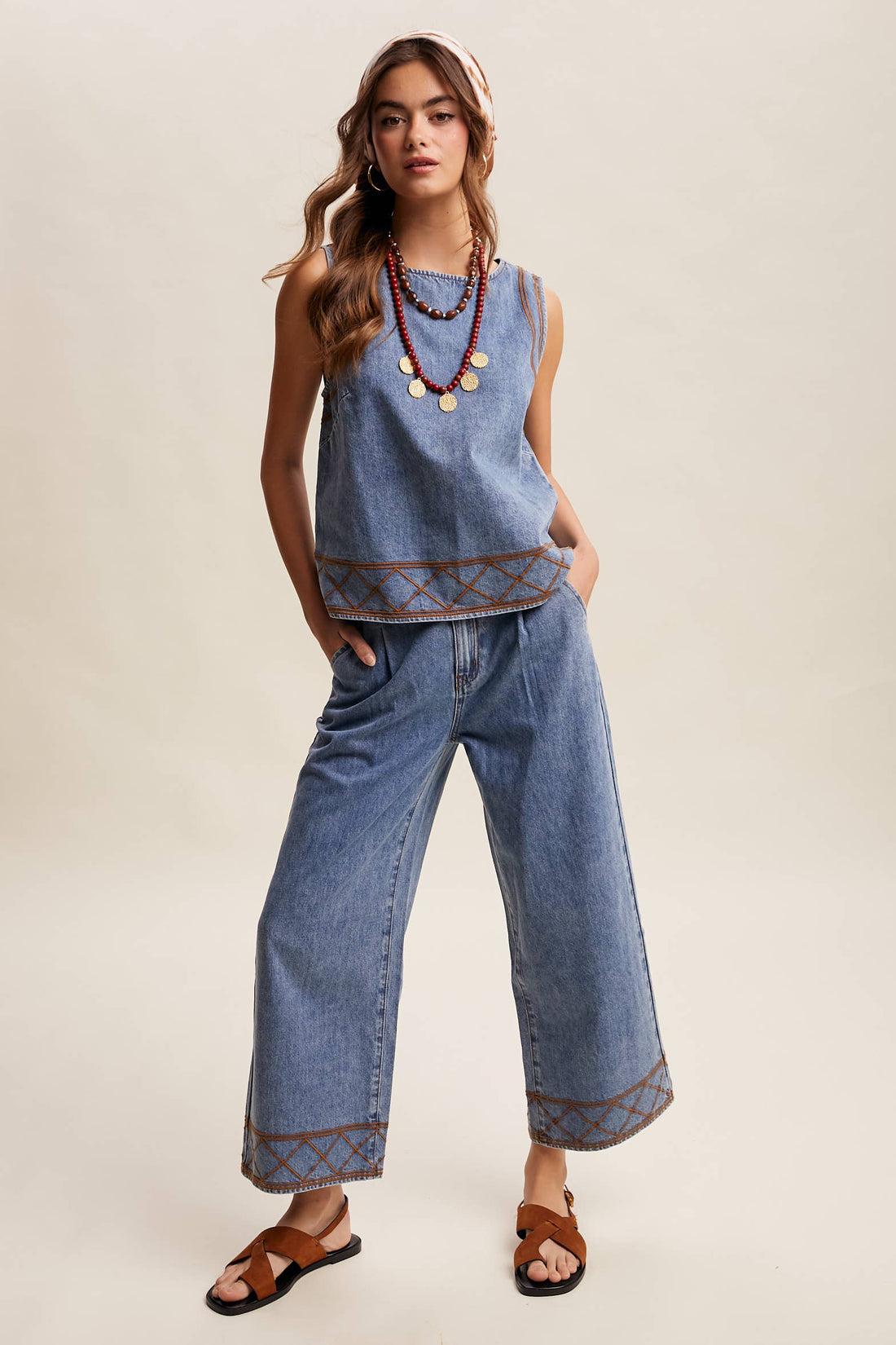 Embroidered Denim Tank & Wide-Leg Pants Set