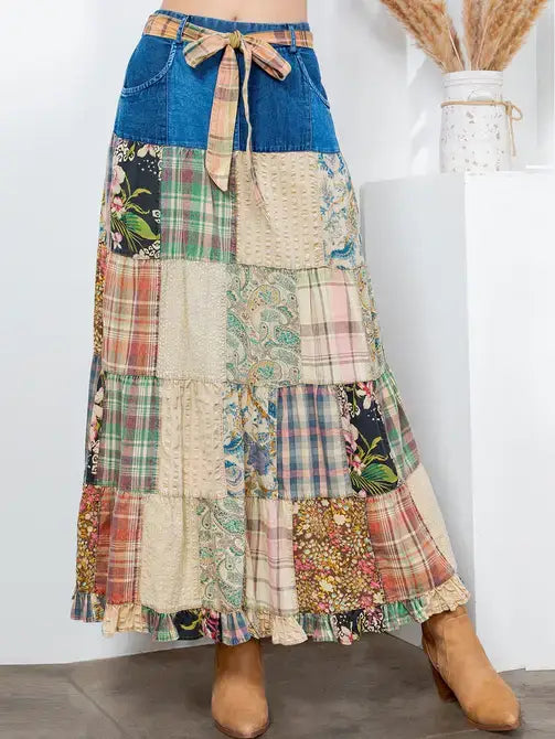 Western Boho Chic Patchwork Belted Skirt