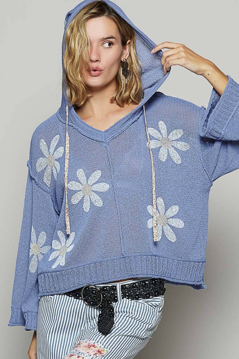 V-neck long sleeve floral print hoodie sweater