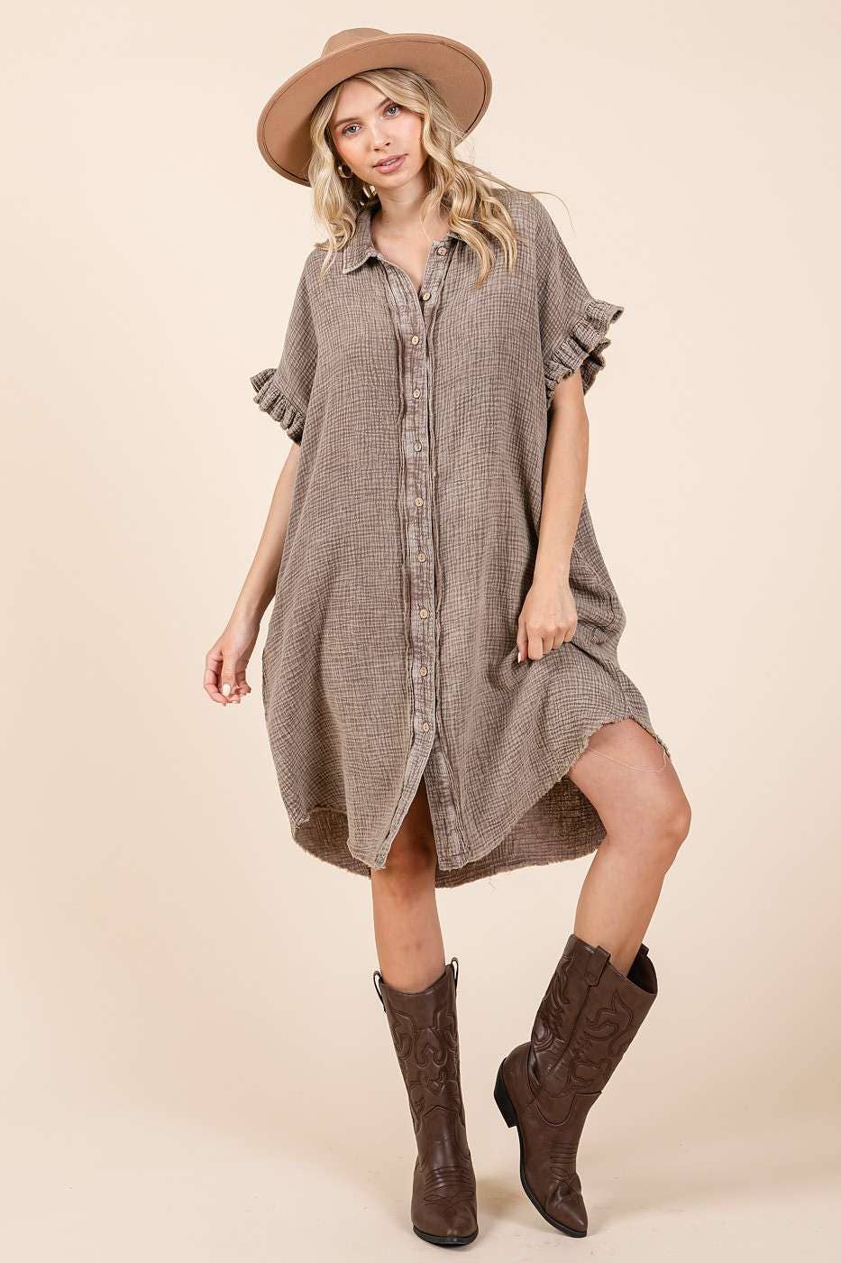 Mineral Wash Cotton Gauze Mini Shirt Dress