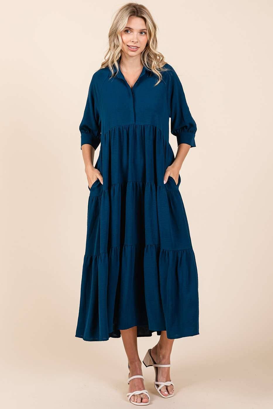 Airflow Collar Button Front Tiered Maxi Dress