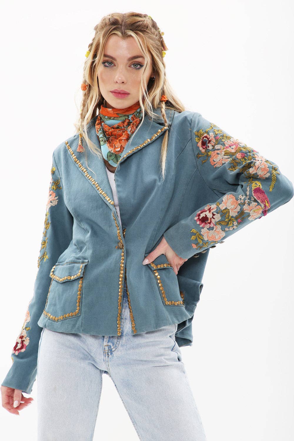 Aratta Light teal embroidered medieval Shine Blazer