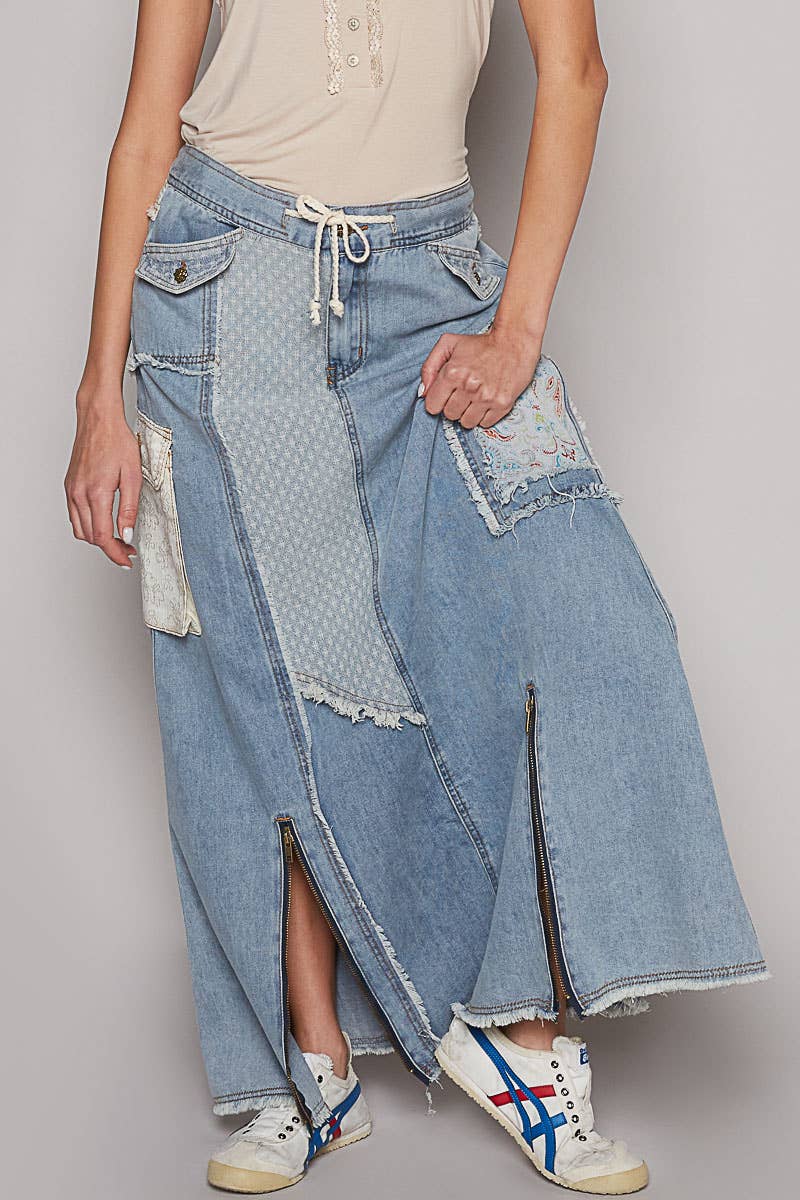 Patch detail multi pockets casual long denim skirt