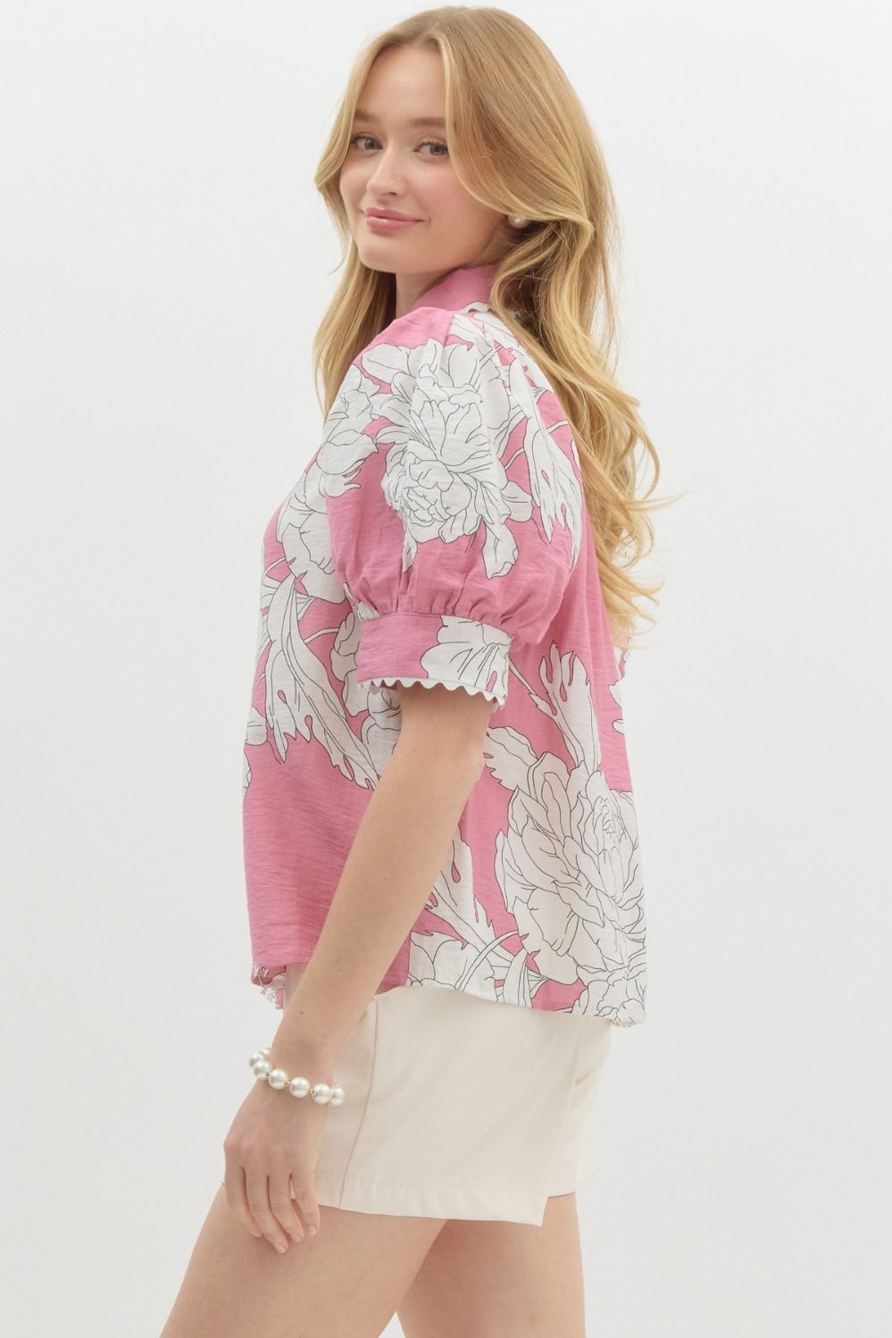 Pink Floral print short puff sleeve top