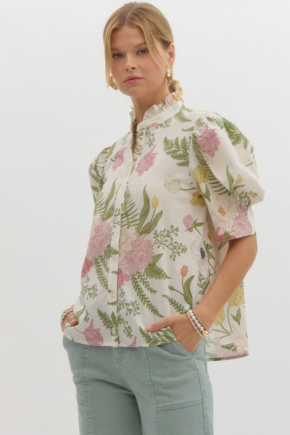 Floral print ruffled neck button front