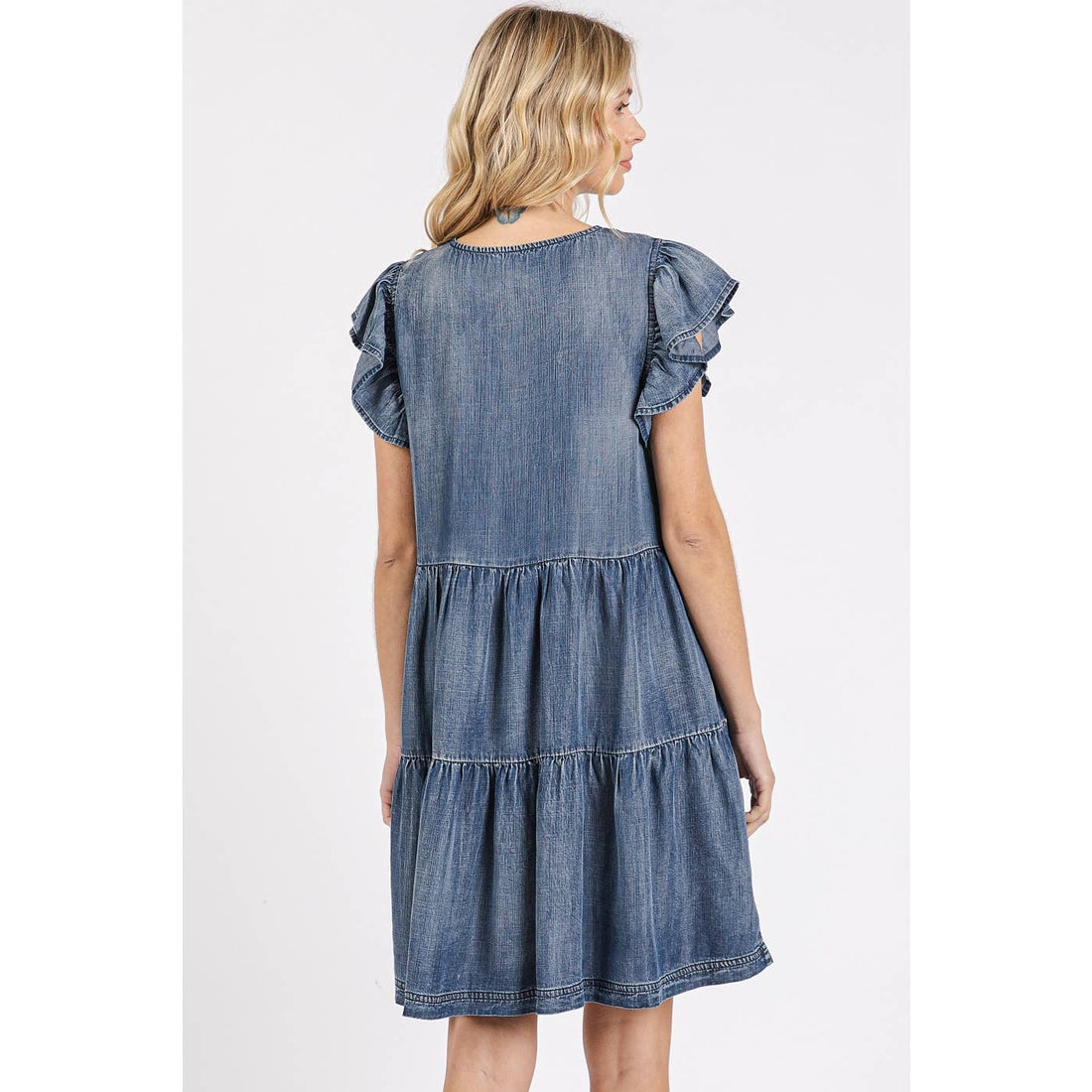 WASHED CHAMBRAY RUFFLE SLEEVE TIER MINI DRESS