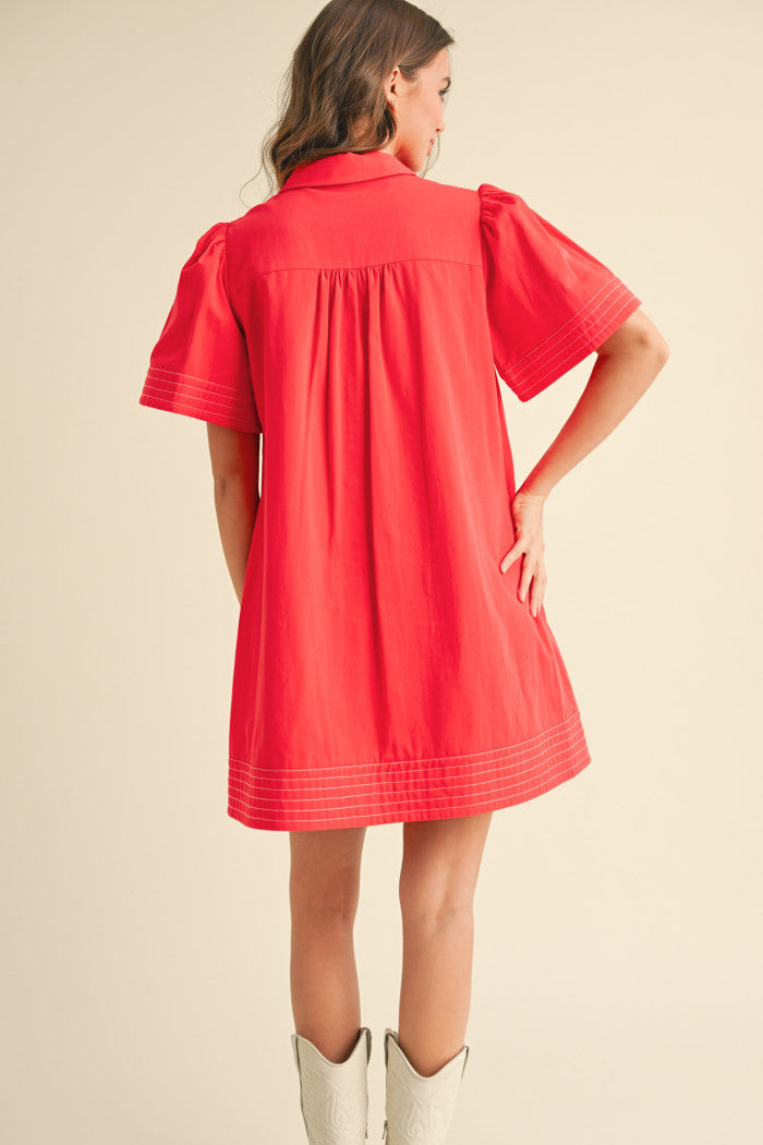 Tomato red Short sleeve button down mini dress